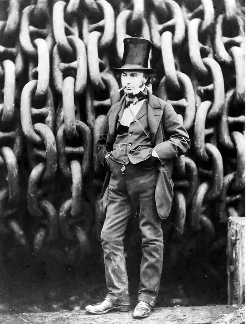 Isambard Kingdom Brunel standing in front of the Great Eastern chains