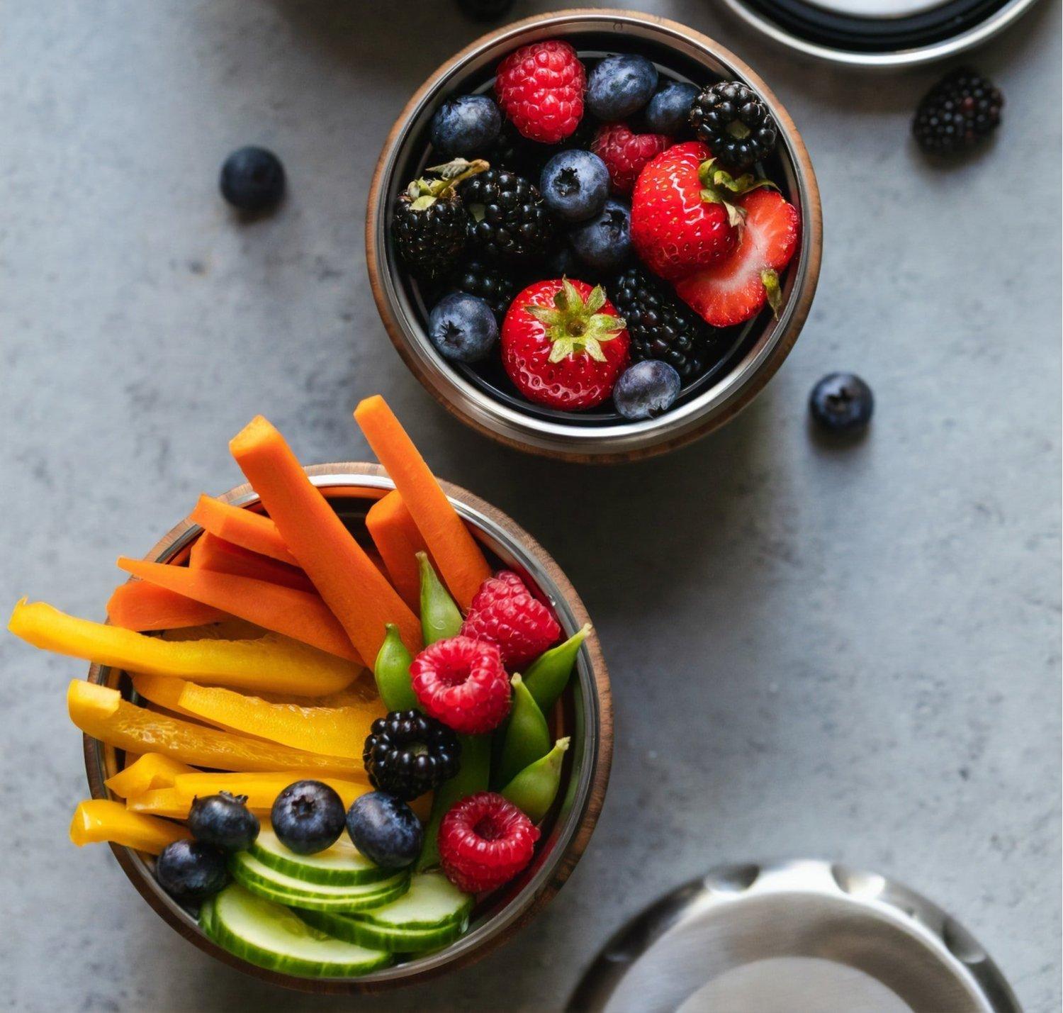 Colourful fresh fruit and vegetables prepared for children